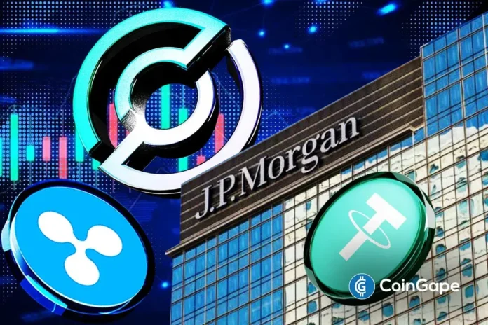 An image of JPMorgan's logo and stablecoin issuers