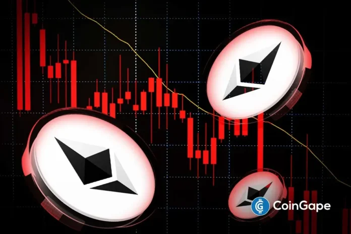 an image of ETH price drops as red candlestick chart shows heavy market selling