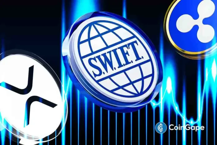 Logos of SWIFT and Ripple side by side, symbolizing payments rivalry.