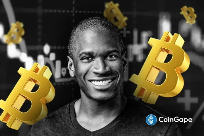 An image of Arthur Hayes and Bitcoin's logo