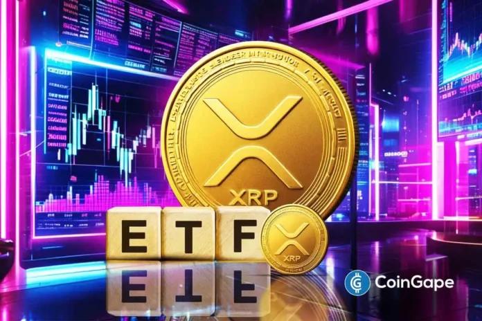 Bloomberg-Analyst-Says-XRP-ETF-Approval-Odds-Now-100-as-Expert-Eyes-33-Rally.webp.webp Gold XRP coin beside ETF blocks symbolizing institutional entry and regulated adoption.