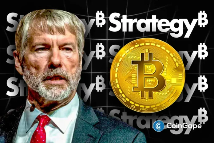 Breaking-Strategy-Adds-525-BTC.webp.webp Michael Saylor stands before Bitcoin and Strategy logos, symbolizing Strategy Inc’s Bitcoin treasury stance.
